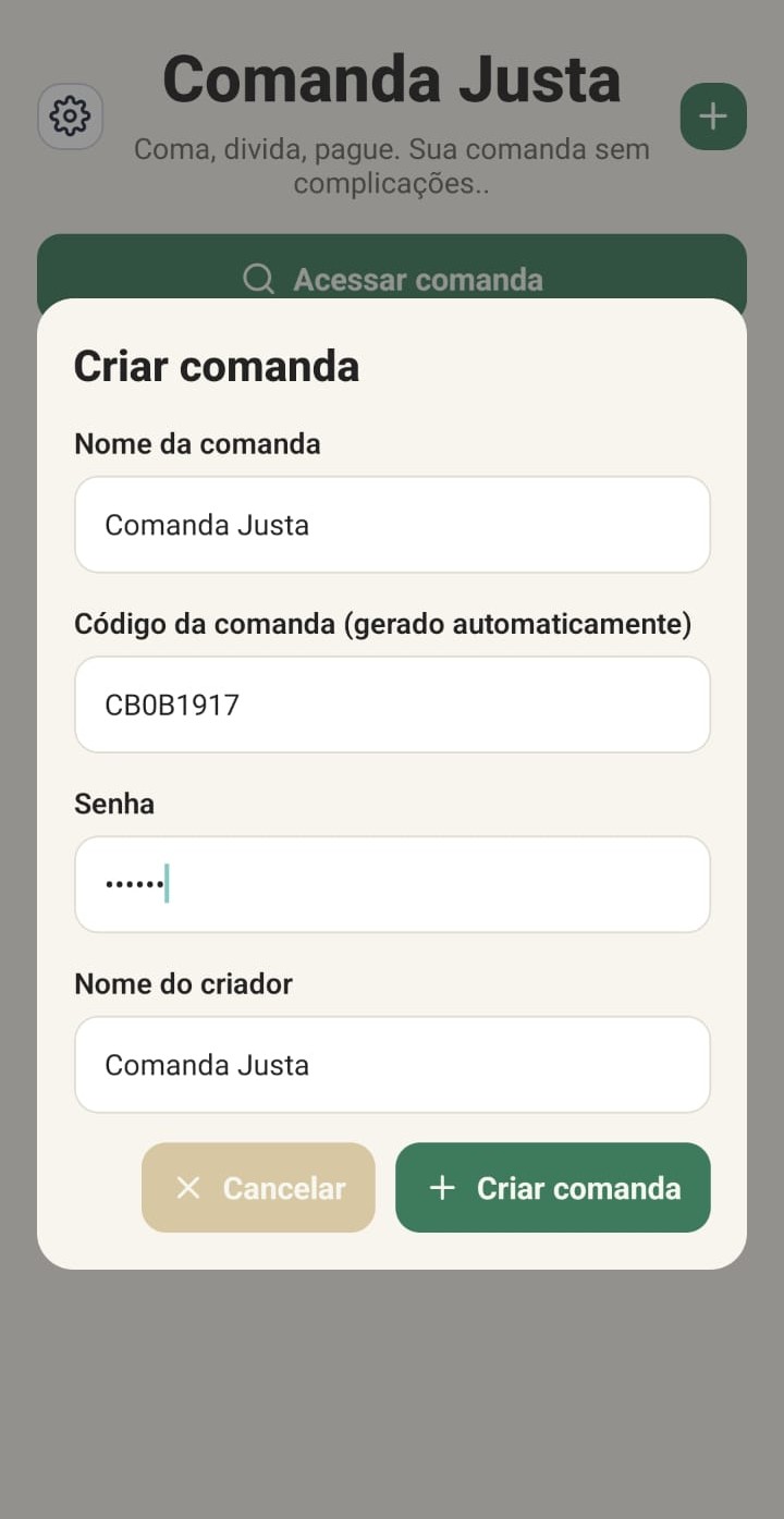 Tela inicial do aplicativo Comanda Justa com acesso à comanda e lista vazia de comandas recentes.
