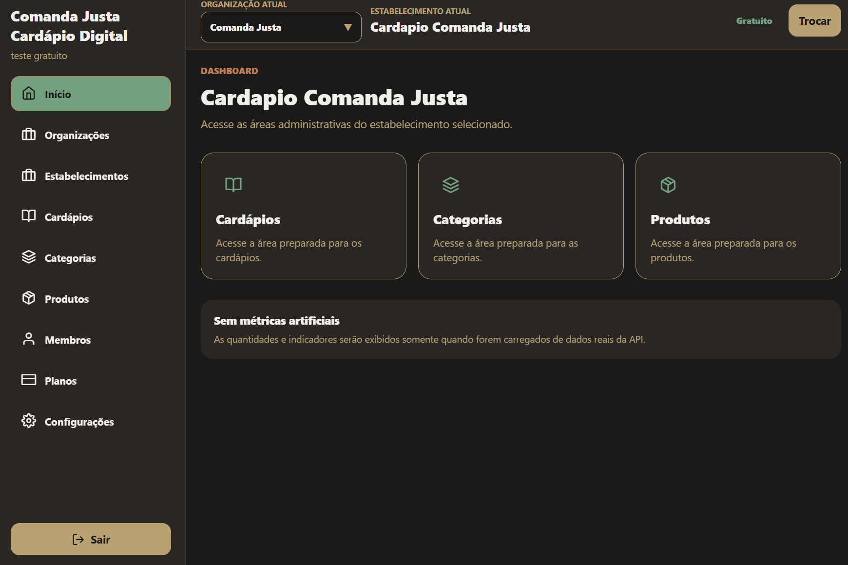 Dashboard do portal Comanda Justa com menu lateral e atalhos administrativos.