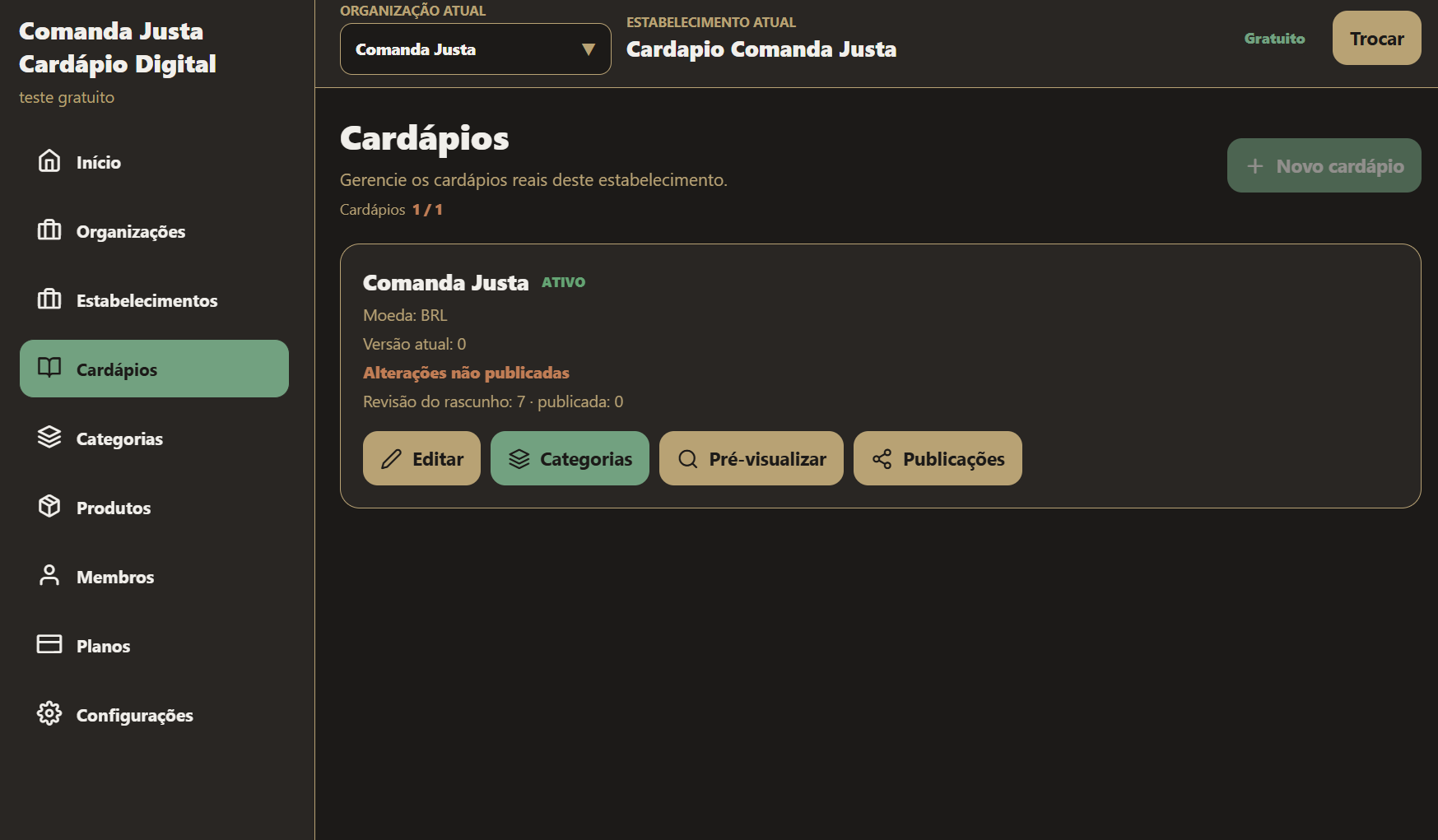 Tela de cardápios do portal com um cardápio e seus controles de gestão.