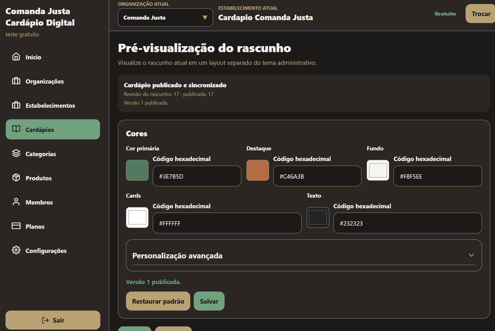 Tela de pré-visualização do rascunho com controles de cores do cardápio.
