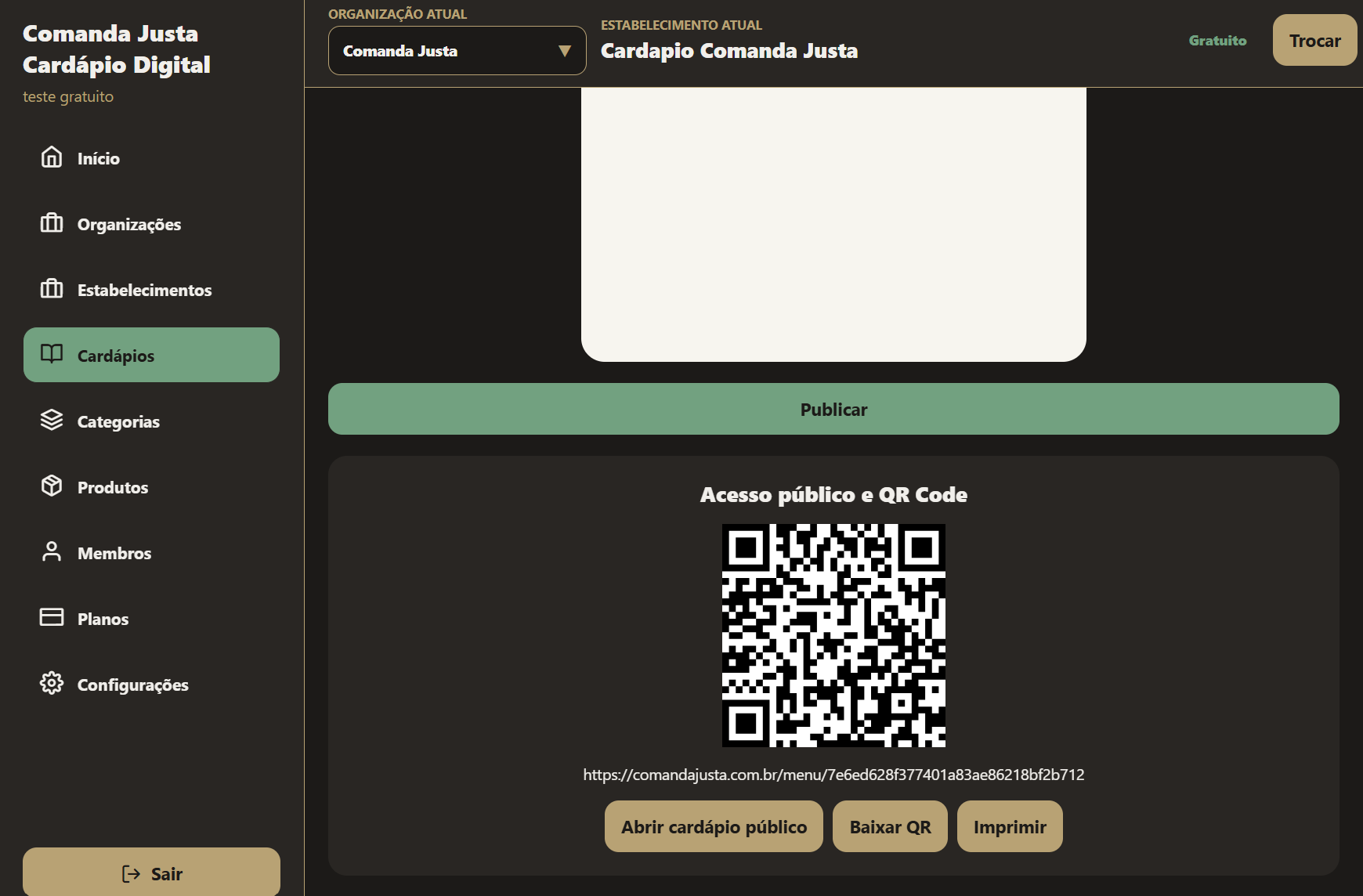 Tela do portal com botão de publicar, QR Code e opções de acesso público.