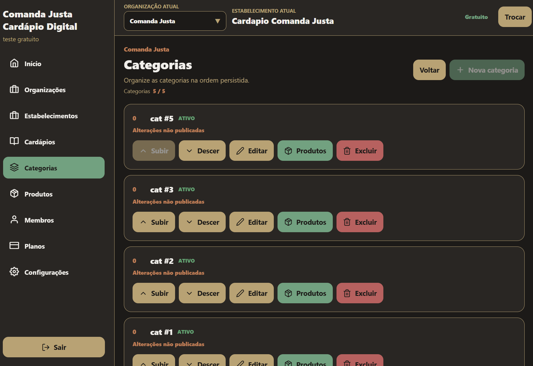Tela de categorias do portal com controles de ordenação, edição e produtos.
