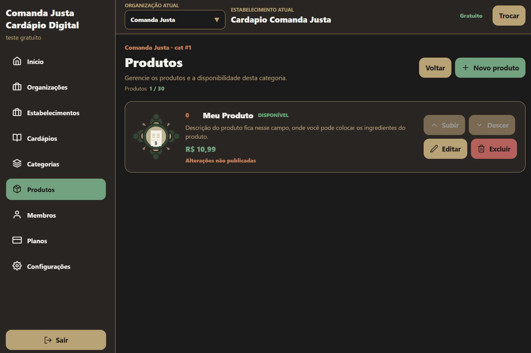 Tela de produtos do portal com um item, preço e controles administrativos.